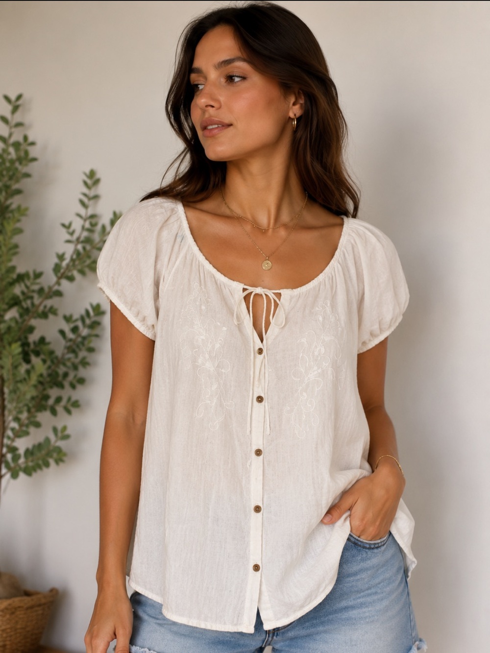 Sonoma Cream Button-Front Peasant Top with Embroidery